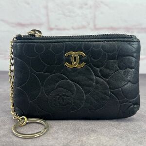 CHANEL Lambskin Camellia Embossed Key Holder Case Black